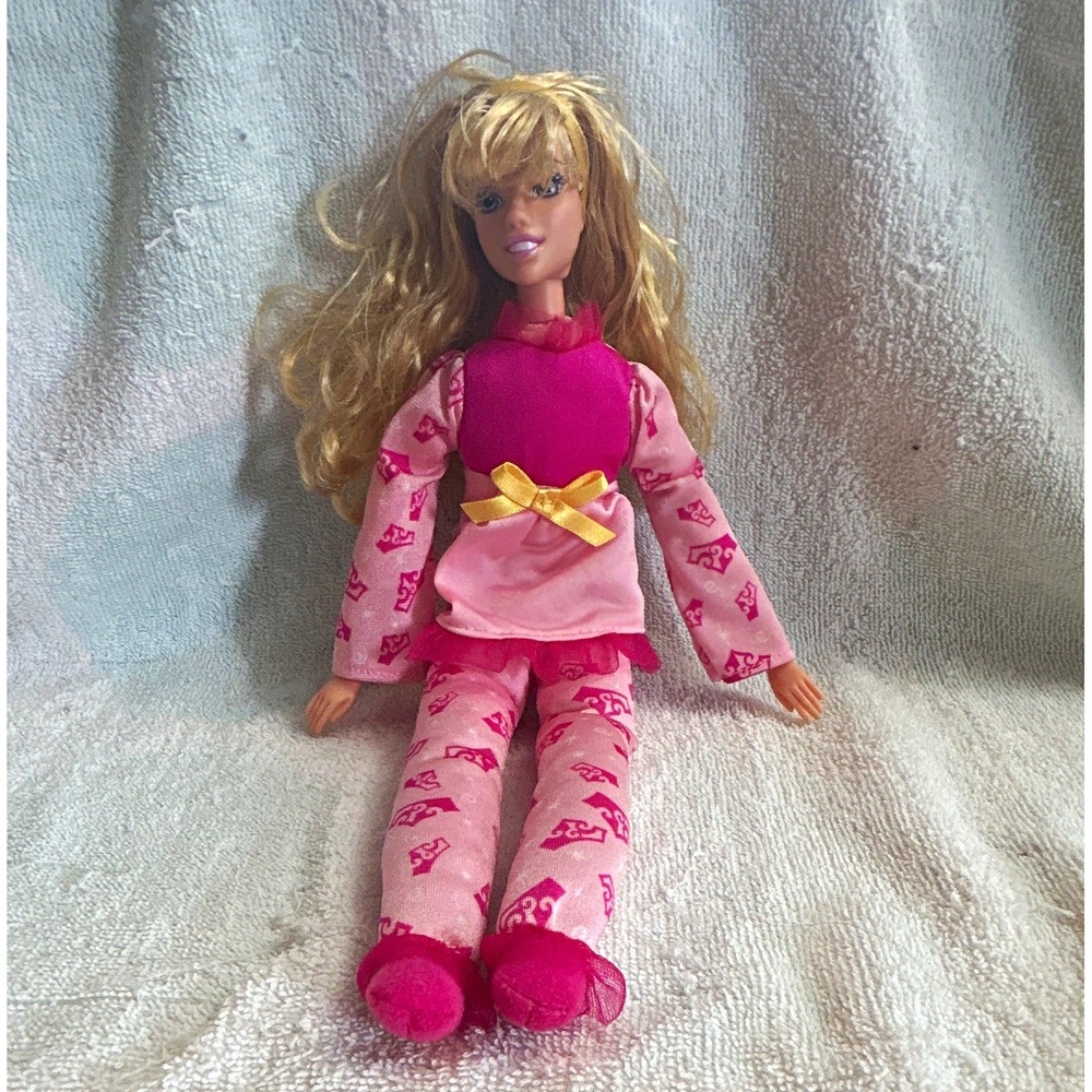 Mattel Barbie 12in Blonde Wavy Hair Fashion Doll Pink Pajamas Sleepover W2548